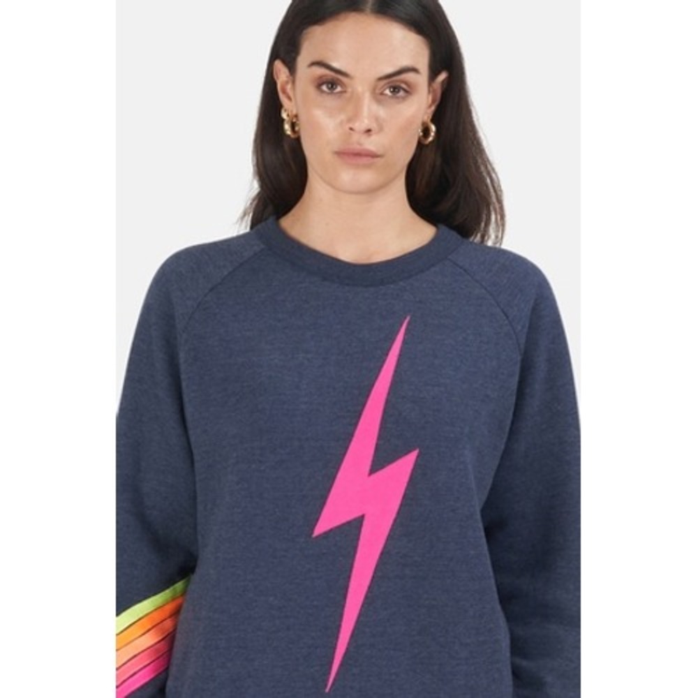 Aviator Nation Lightning Bolt Rainbow Sleeve Pullover Sweatshirt Navy Lounge XS - Picture 4 of 11